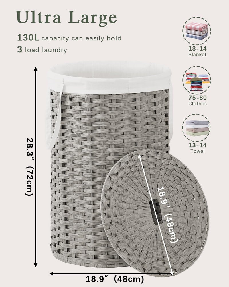 SETVSON Large Laundry Hamper Laundry Basket Round 34.3 Gal (130 L) Handwoven Wicker Laundry Baskets Rattan Laundry Basket with Laundry Bag Handles 2 Mesh Bags for Living Room Bedroom Gray - Image 4