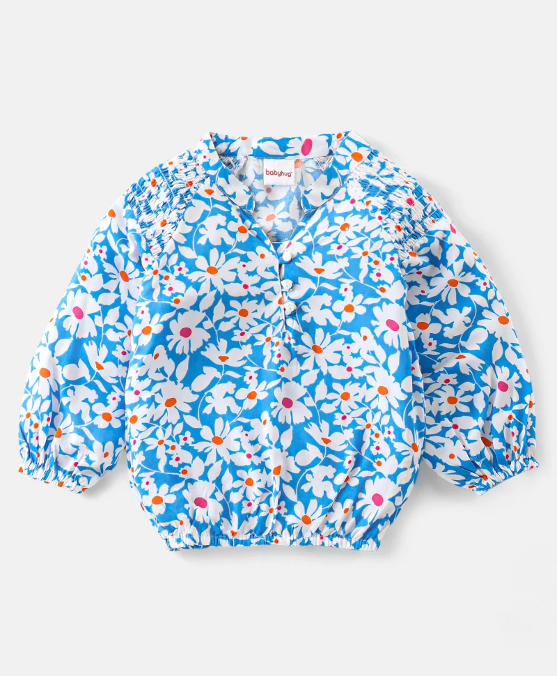 babyhug Babyhug Rayon Knit Full Sleeves Top With Floral Print - Blue