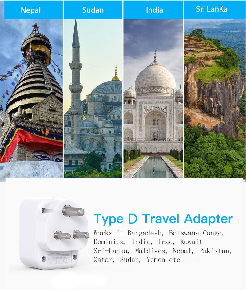 HANYCONY US to India Plug Adapter, Type D Travel Adapter with 4 Outlets 4 USB Ports(2 USB C), India Power Travel Adapter for USA to India, Bangladesh, Maldives, Pakistan - Image 2