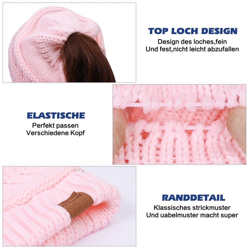 Pukavt 1 Pack Winter Hat Ponytail Beanie Hat for Women, Soft Stretch Cable Knit Messy Bun Beanie,Trendy and Warm Pink - Image 3