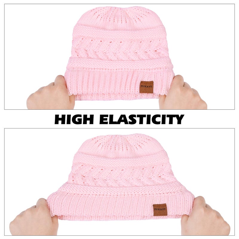 Pukavt 1 Pack Winter Hat Ponytail Beanie Hat for Women, Soft Stretch Cable Knit Messy Bun Beanie,Trendy and Warm Pink - Image 2