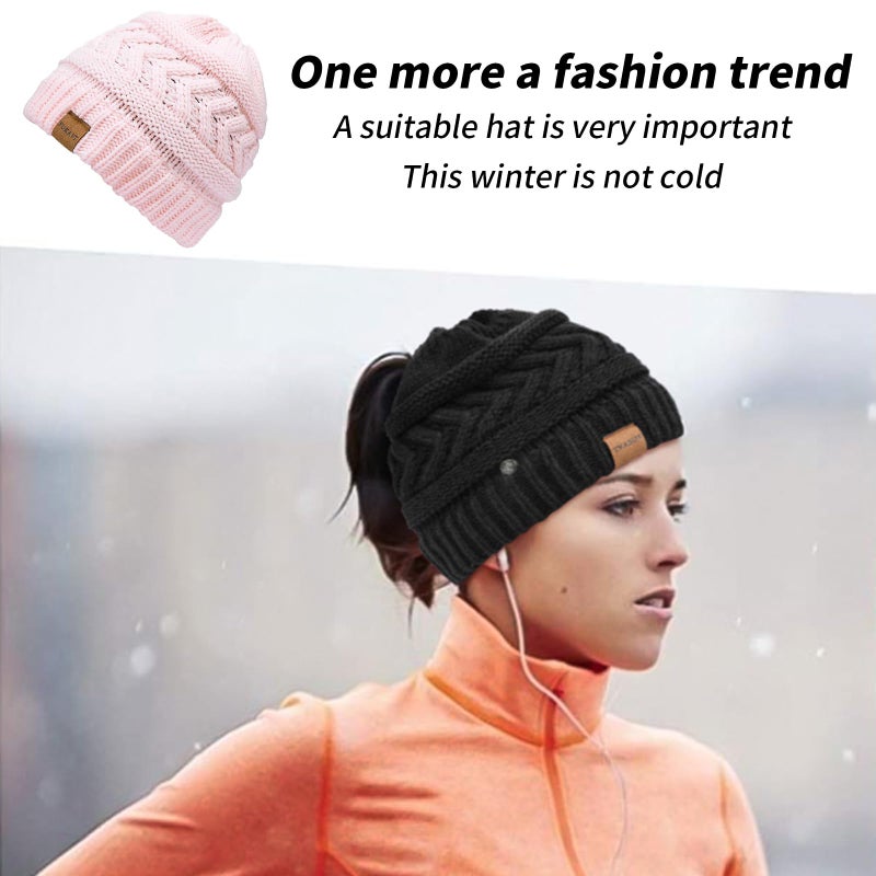 Pukavt 1 Pack Winter Hat Ponytail Beanie Hat for Women, Soft Stretch Cable Knit Messy Bun Beanie,Trendy and Warm Pink - Image 5