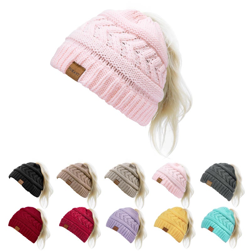 Pukavt 1 Pack Winter Hat Ponytail Beanie Hat for Women, Soft Stretch Cable Knit Messy Bun Beanie,Trendy and Warm Pink - Image 1