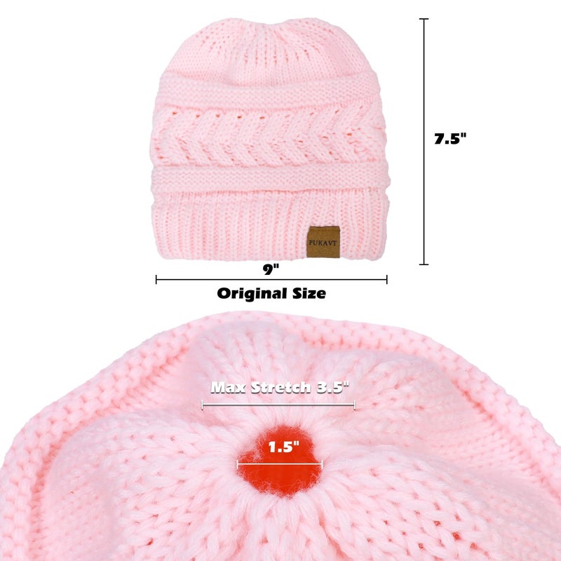 Pukavt 1 Pack Winter Hat Ponytail Beanie Hat for Women, Soft Stretch Cable Knit Messy Bun Beanie,Trendy and Warm Pink - Image 4