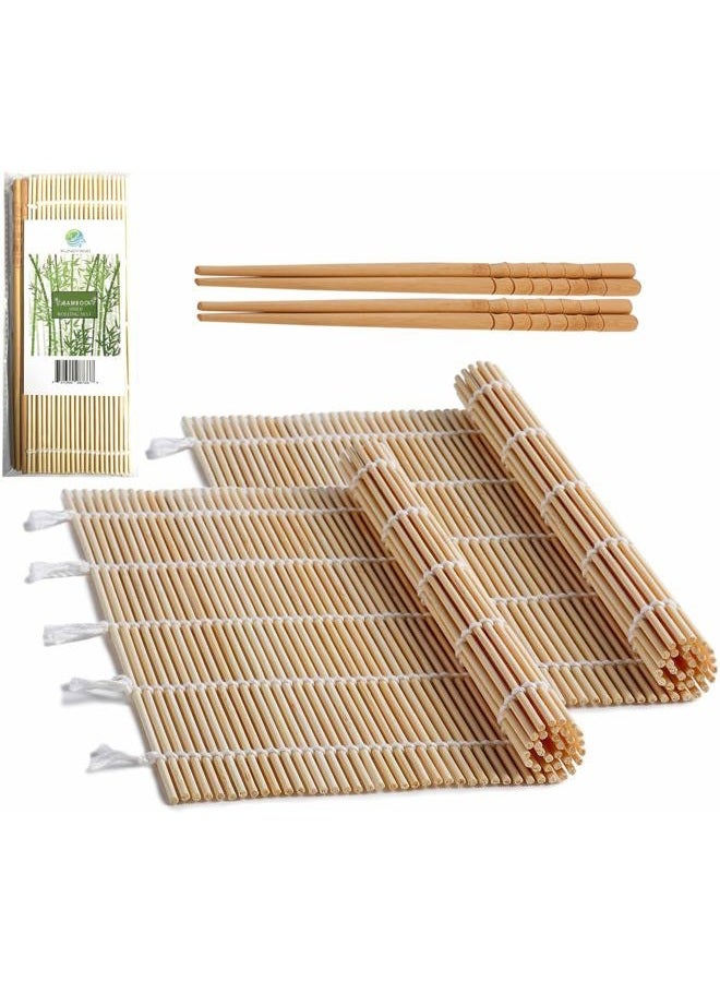FUNGYAND Bamboo Sushi Rolling Mat with 2 Pairs of Chopsticks Natural Bamboo 9.5"x9.5" 2 PCS Sushi Making Kit - Image 1