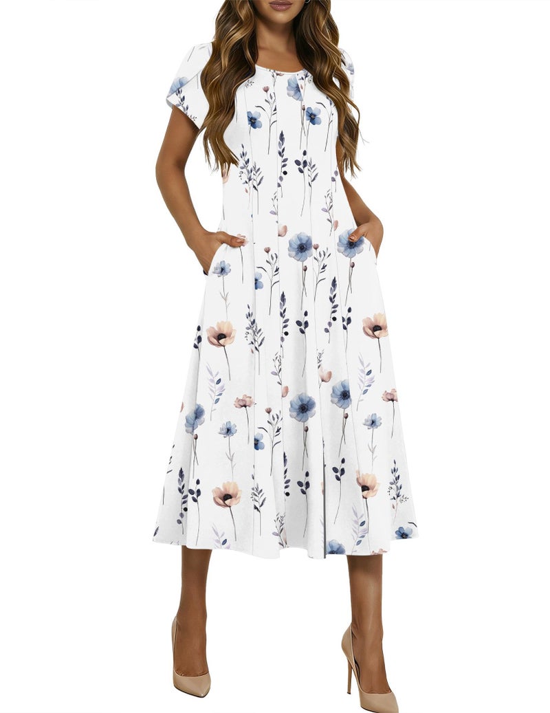 HOTOUCH Women's Casual Dresses Floral Summer Dress for Women 2026 Midi Dresses Loose Fit Swing Dress Boho Beach Sundress, White Floral 01,2XL - Image 1