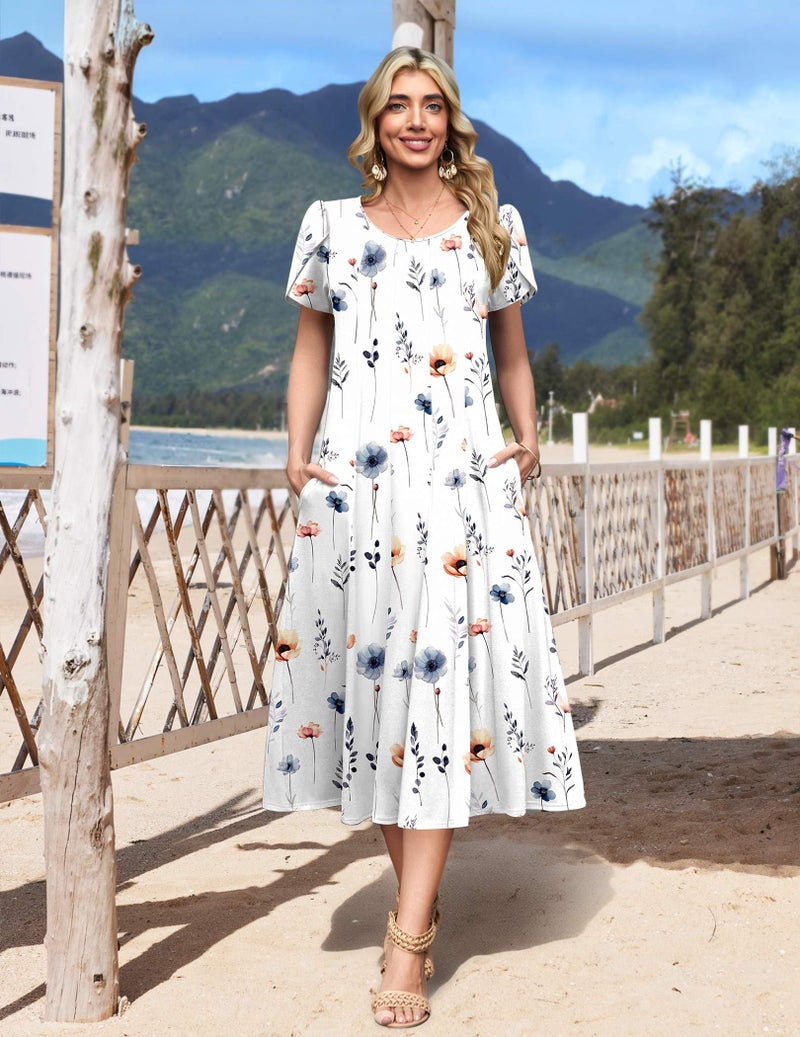 HOTOUCH Women's Casual Dresses Floral Summer Dress for Women 2026 Midi Dresses Loose Fit Swing Dress Boho Beach Sundress, White Floral 01,2XL - Image 3