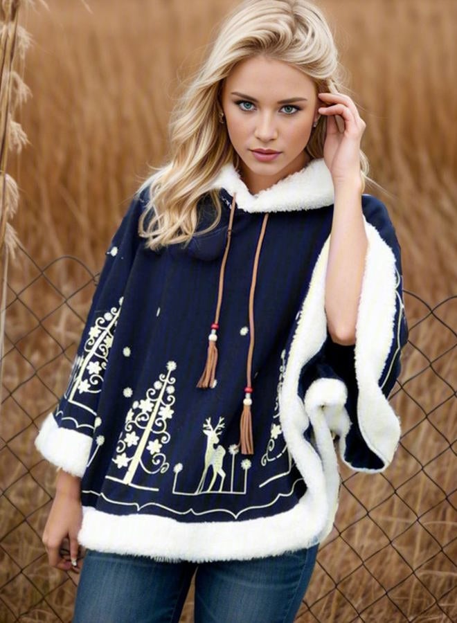 Flygo Women's Cute Fleece Lined Hooded Shawl Poncho Cloak Christmas Tree & Deer Pullover (One size (Less than 154lb), Dark blue) - Image 2