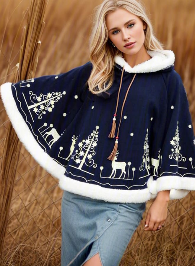 Flygo Women's Cute Fleece Lined Hooded Shawl Poncho Cloak Christmas Tree & Deer Pullover (One size (Less than 154lb), Dark blue) - Image 3