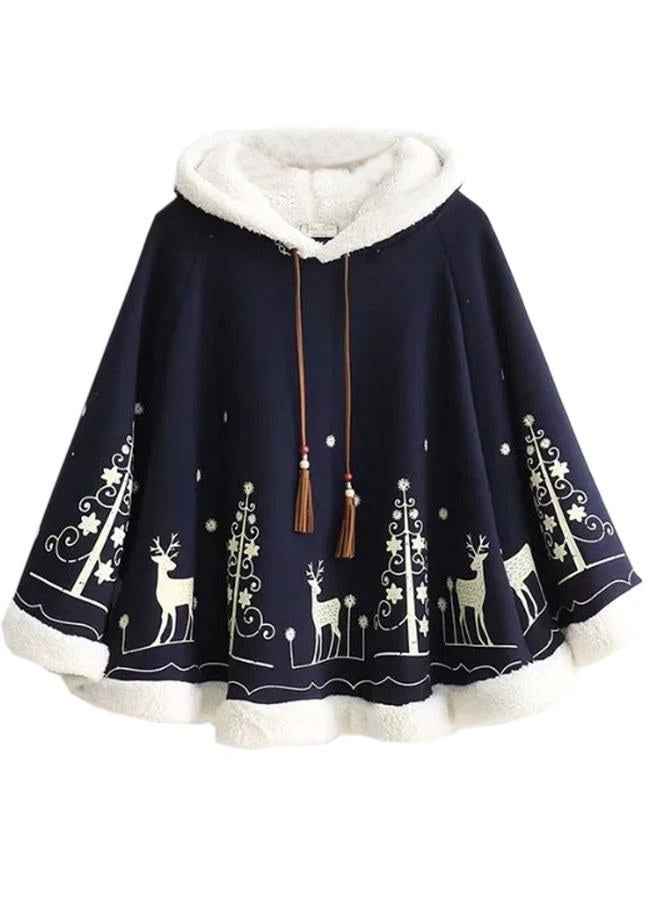 Flygo Women's Cute Fleece Lined Hooded Shawl Poncho Cloak Christmas Tree & Deer Pullover (One size (Less than 154lb), Dark blue) - Image 1