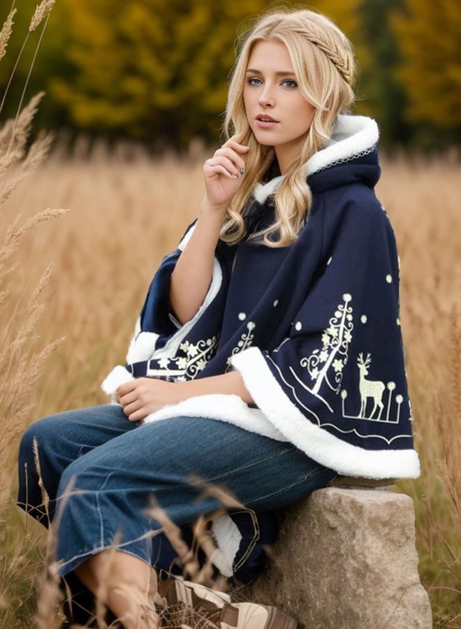 Flygo Women's Cute Fleece Lined Hooded Shawl Poncho Cloak Christmas Tree & Deer Pullover (One size (Less than 154lb), Dark blue) - Image 5