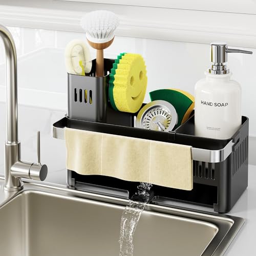 Nieifi Sponge Holder for Kitchen Sink, Sink Caddy with High Brush Holder and Towel Rack, Kitchen Countertop Organizer and Storage Essential (Black with Smiley Face, 10.12″) - Image 1