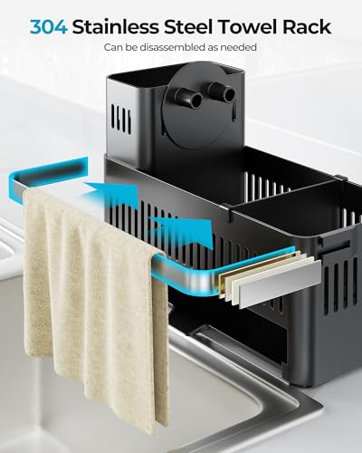 Nieifi Sponge Holder for Kitchen Sink, Sink Caddy with High Brush Holder and Towel Rack, Kitchen Countertop Organizer and Storage Essential (Black with Smiley Face, 10.12″) - Image 4