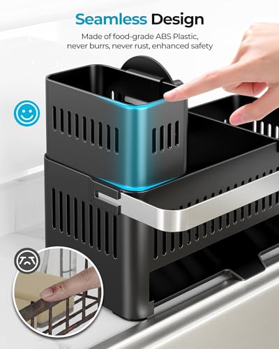 Nieifi Sponge Holder for Kitchen Sink, Sink Caddy with High Brush Holder and Towel Rack, Kitchen Countertop Organizer and Storage Essential (Black with Smiley Face, 10.12″) - Image 2