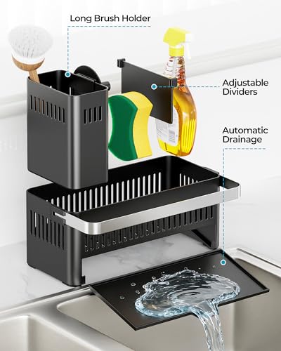 Nieifi Sponge Holder for Kitchen Sink, Sink Caddy with High Brush Holder and Towel Rack, Kitchen Countertop Organizer and Storage Essential (Black with Smiley Face, 10.12″) - Image 5