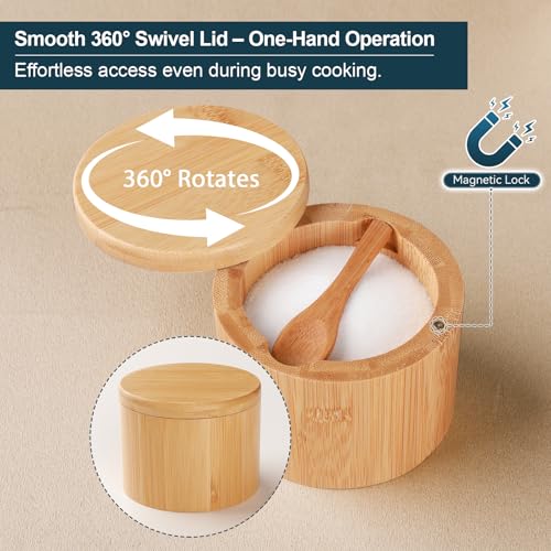 Timtopno Bamboo Salt Cellar, 2 PCS Salt Container with Built-in Spoon, Salt Box Bowl with Magnetic Swivel Lid, Elegant Kitchen Salt Holder Saver Jar to Storage Pepper Spice Sea Salt for Countertop - Image 4