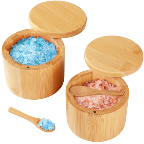 Timtopno Bamboo Salt Cellar, 2 PCS Salt Container with Built-in Spoon, Salt Box Bowl with Magnetic Swivel Lid, Elegant Kitchen Salt Holder Saver Jar to Storage Pepper Spice Sea Salt for Countertop - Image 1