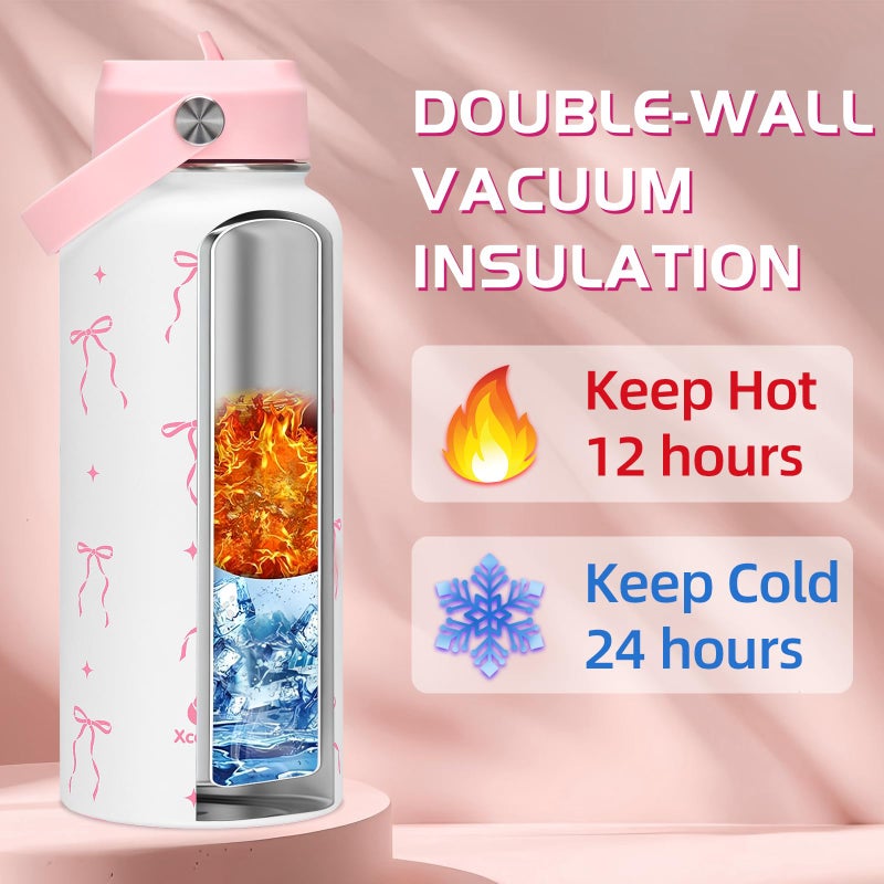 XccMe 32 oz Insulated Water Bottle with Lid,Pink Bow Stainless Steel Water Bottl with Flip Straw and Handle,Gifts for Women Girls Teens Birthday Christmas,Leak Proof Cute Metal Water Bottle - Image 2