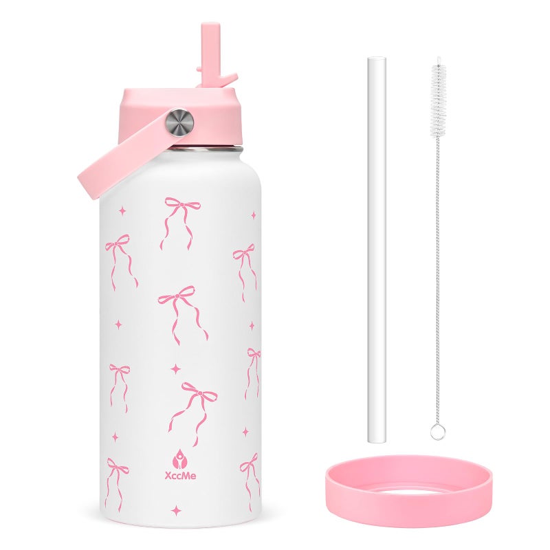 XccMe 32 oz Insulated Water Bottle with Lid,Pink Bow Stainless Steel Water Bottl with Flip Straw and Handle,Gifts for Women Girls Teens Birthday Christmas,Leak Proof Cute Metal Water Bottle - Image 1
