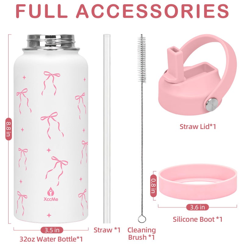 XccMe 32 oz Insulated Water Bottle with Lid,Pink Bow Stainless Steel Water Bottl with Flip Straw and Handle,Gifts for Women Girls Teens Birthday Christmas,Leak Proof Cute Metal Water Bottle - Image 4
