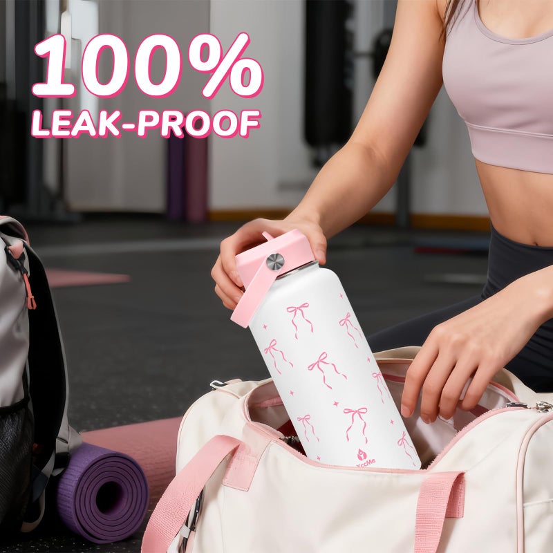 XccMe 32 oz Insulated Water Bottle with Lid,Pink Bow Stainless Steel Water Bottl with Flip Straw and Handle,Gifts for Women Girls Teens Birthday Christmas,Leak Proof Cute Metal Water Bottle - Image 5