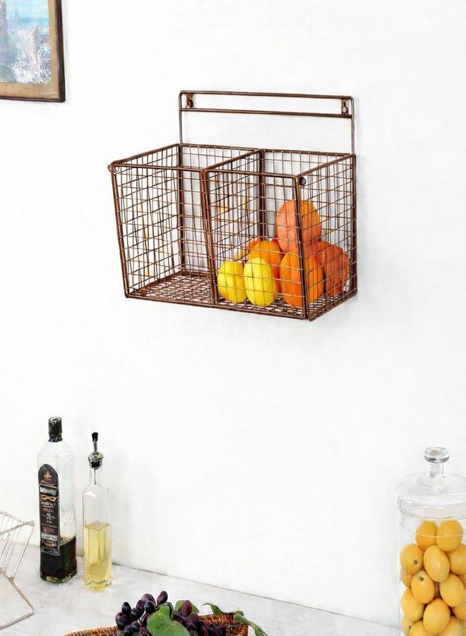 OGFC 58017 Wall mouted fruit basket - Brown Color Metal Wire Wall-Mounted 2-Compartment Fruit Basket, Wall shelf, Storage baskets- Brown - Image 3