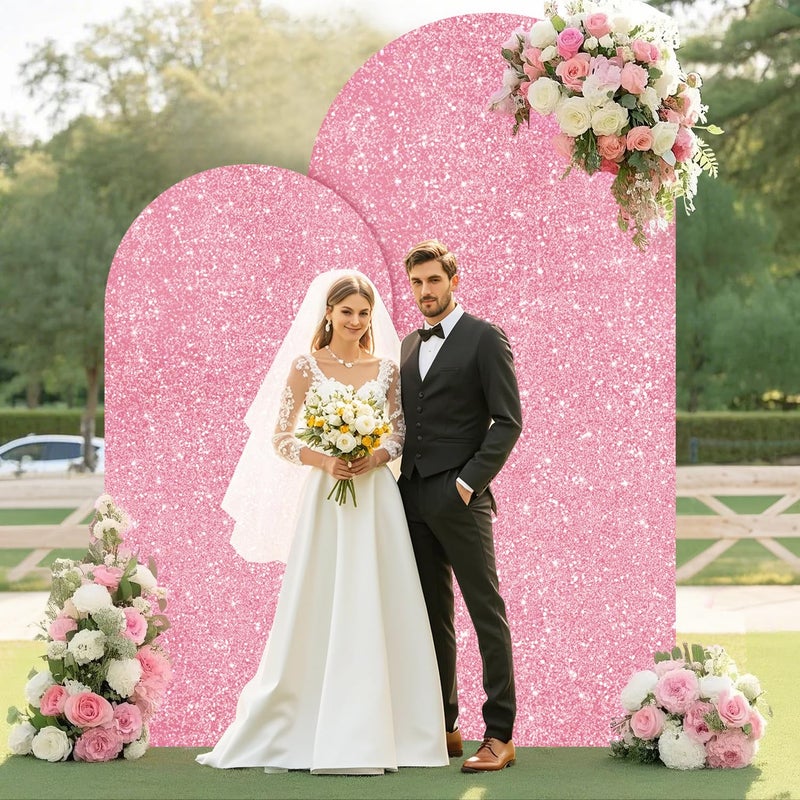 PATYDEST Set of 2 Arch Backdrop Cover Pink Gold Arch Covers 7.2 and 6FT Sequin Wedding Arches Backrop Stands Cover Spandex Cover for Arched Backdrop for Photography Birthday Party Baby Shower Decor - Image 3