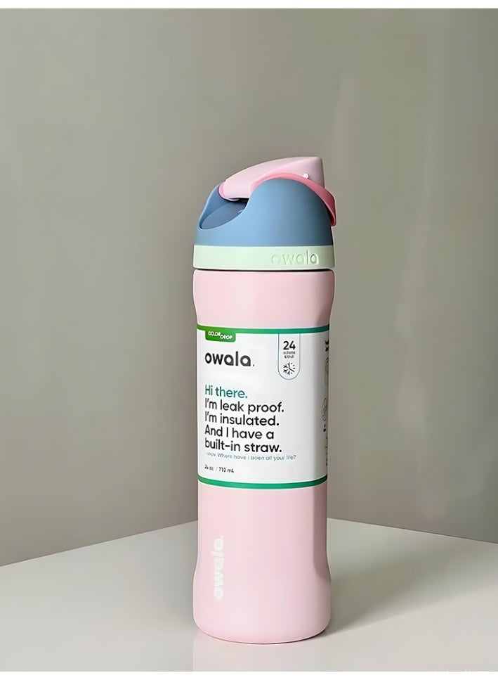 زجاجة مياه رياضية من الفولاذ المقاوم للصدأ مع عزل مزدوج Owala FreeSip | مع قش | خالية من BPA | عبوة واحدة | 24 أونصة (لون فراولة الماكرون) - Image 3