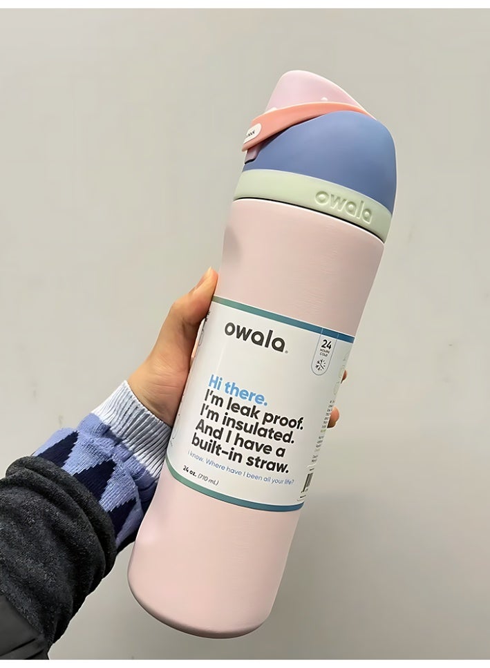 زجاجة مياه رياضية من الفولاذ المقاوم للصدأ مع عزل مزدوج Owala FreeSip | مع قش | خالية من BPA | عبوة واحدة | 24 أونصة (لون فراولة الماكرون) - Image 5