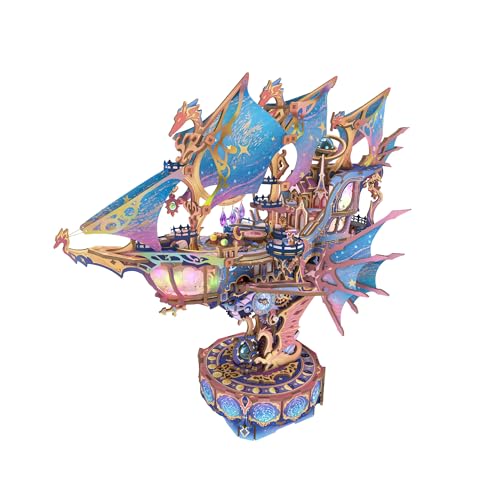 Tonecheer 3D Wooden Puzzle Airship Model Kit DIY Transmission Model Fantasy Ship Spaceship with Music Movable Building Kit Starlight Craft Mechanical Decor Idea Gift for Adults Magical Galaxy - Image 1