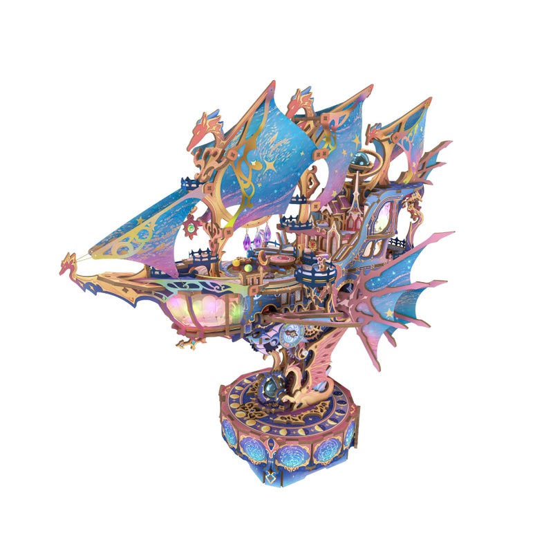 Tonecheer 3D Wooden Puzzle Airship Model Kit DIY Transmission Model Fantasy Ship Spaceship with Music Movable Building Kit Starlight Craft Mechanical Decor Idea Gift for Adults Magical Galaxy - Image 3