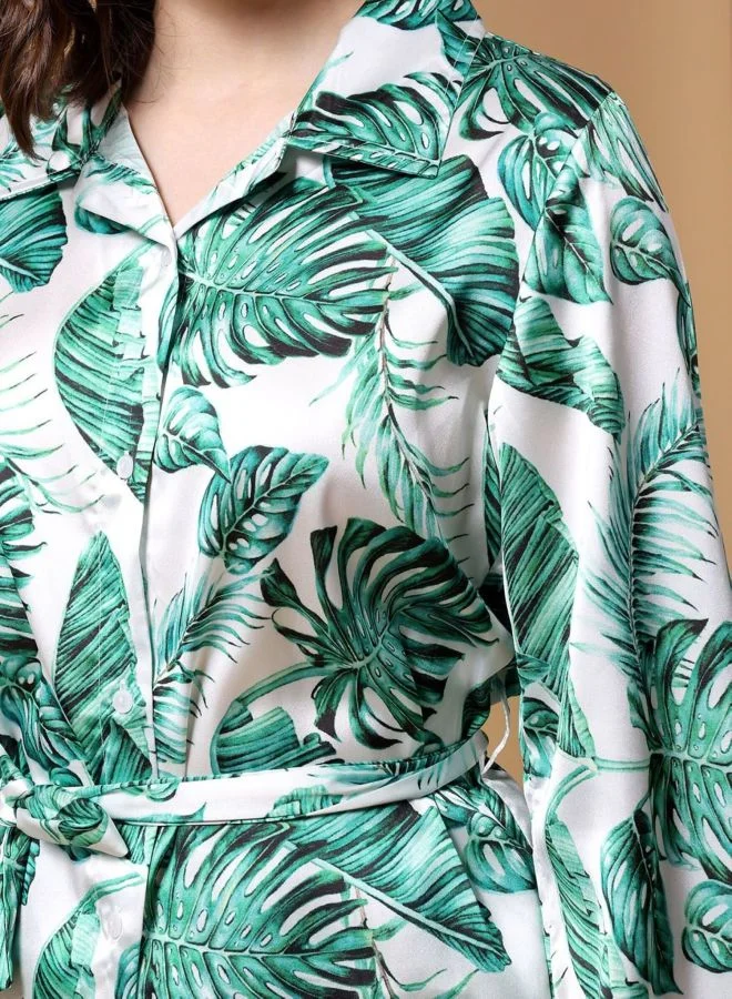 Freehand Women Flared Tropical Long Sleeve Mid Rise Shirt and Pant Co-Ords Set