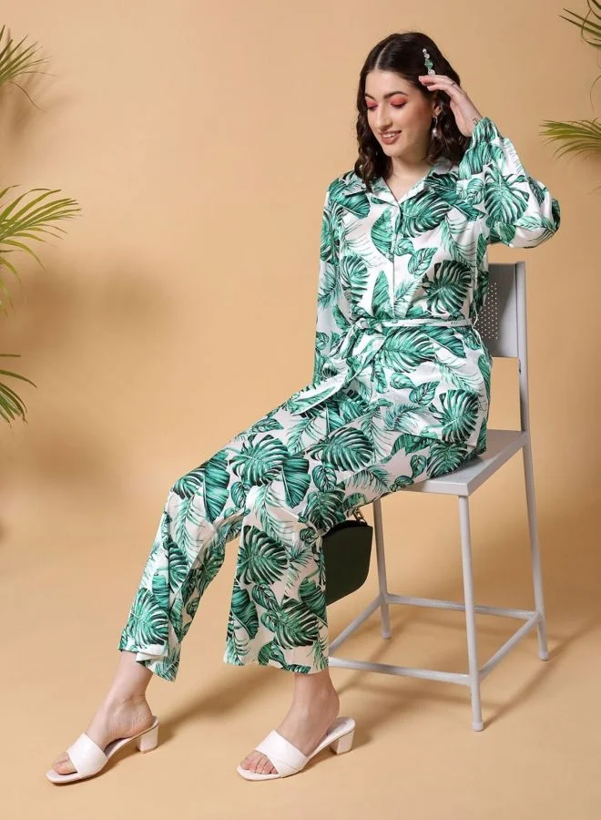 Freehand Women Flared Tropical Long Sleeve Mid Rise Shirt and Pant Co-Ords Set