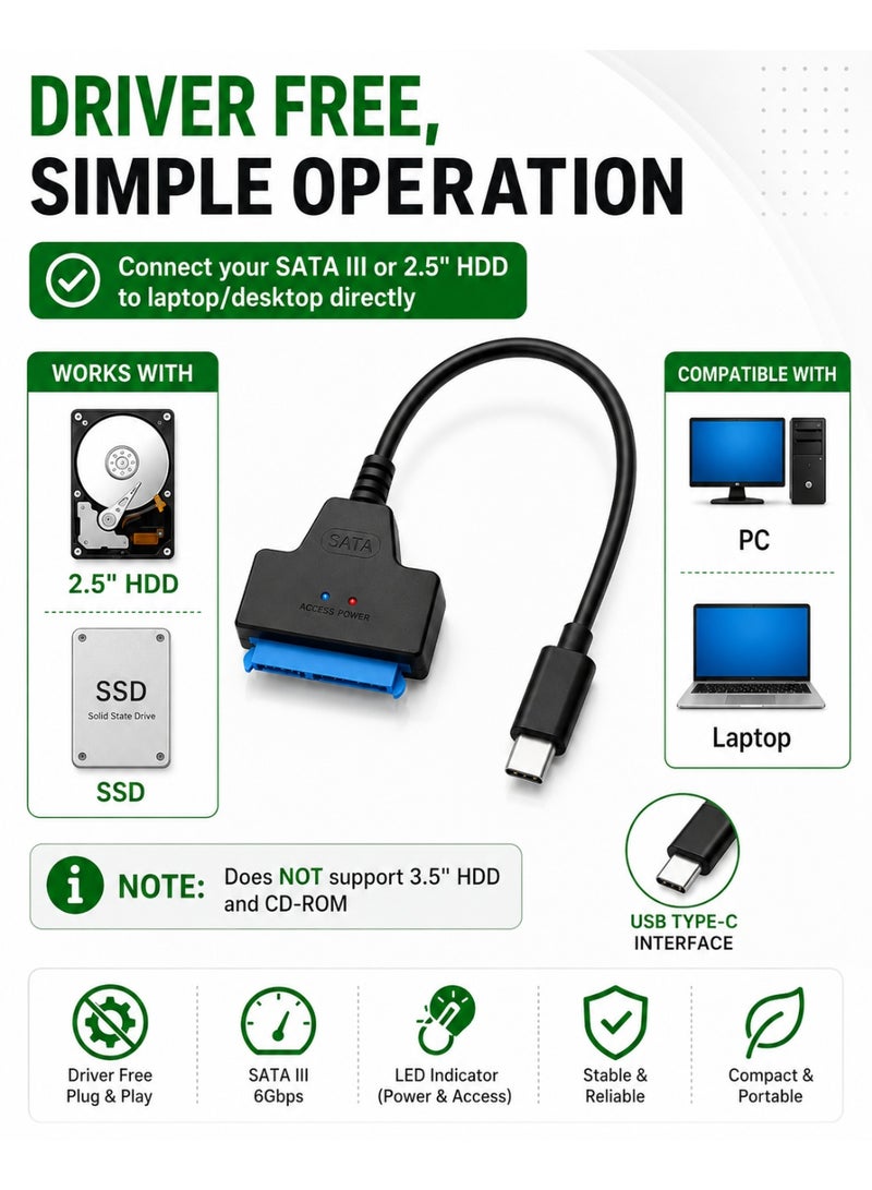 FUJISHKA SATA III USB C to SATA Adapter for 2.5 inch HDD and SSD - Black - Image 2
