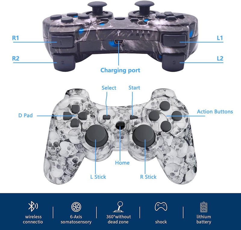 Degulan Zeion PS3 Controller Wireless, Gaming Remote Joystick for Playstation 3 with Charger Cable Cord (Black Ghost, White Skull) - Image 2