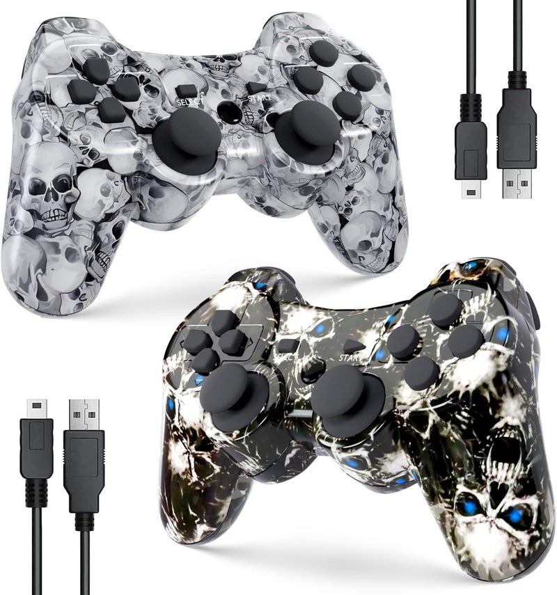 Degulan Zeion PS3 Controller Wireless, Gaming Remote Joystick for Playstation 3 with Charger Cable Cord (Black Ghost, White Skull) - Image 1