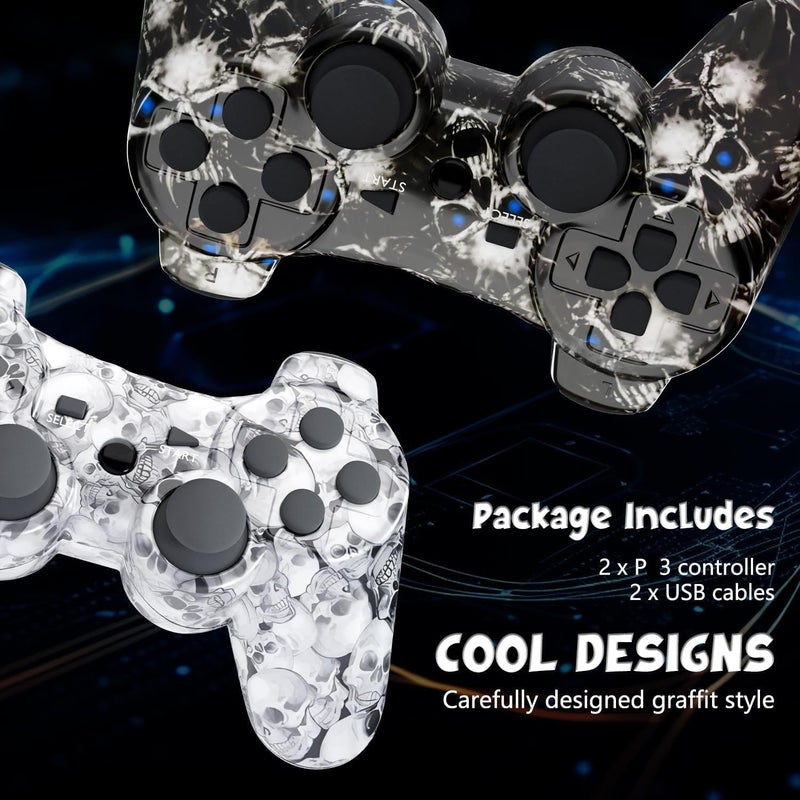 Degulan Zeion PS3 Controller Wireless, Gaming Remote Joystick for Playstation 3 with Charger Cable Cord (Black Ghost, White Skull) - Image 4