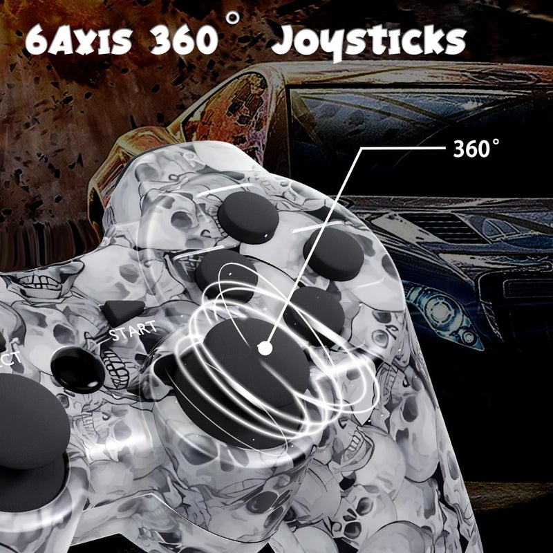 Degulan Zeion PS3 Controller Wireless, Gaming Remote Joystick for Playstation 3 with Charger Cable Cord (Black Ghost, White Skull) - Image 3