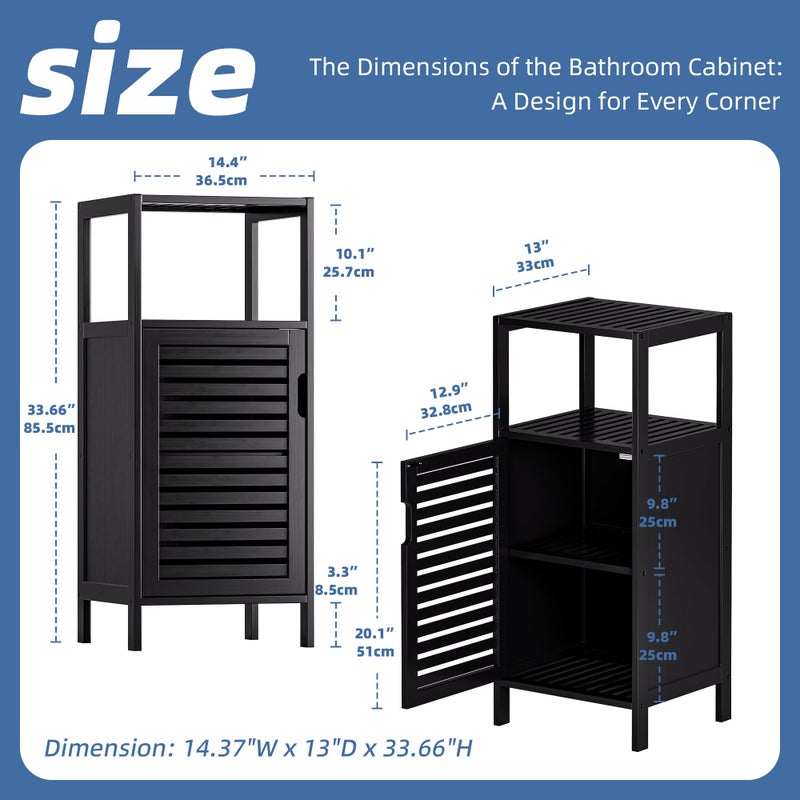 HITNET Bamboo Floor Cabinet, Small Bathroom Cabinet Floor Standing, 4 Tier Narrow Side Storage Cabinet, Space Saving Kitchen Cupboard with Single Door, Black - Image 3