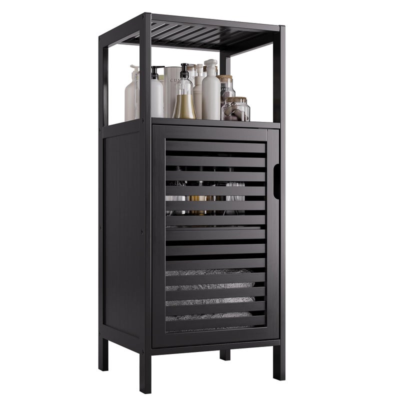 HITNET Bamboo Floor Cabinet, Small Bathroom Cabinet Floor Standing, 4 Tier Narrow Side Storage Cabinet, Space Saving Kitchen Cupboard with Single Door, Black - Image 1
