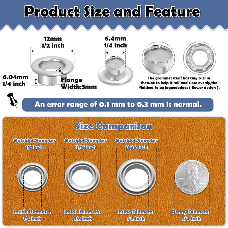 PAXCOO 1203Pcs Grommet Tool Kit with Eyelet Pliers, PAXCOO 1/4 Inch 6mm(Inside Hole Size) Fabric Grommet Kit with Fabric Eyelets Grommets, Washers, and Hole Punch Grommet Hand Press kit - Image 2