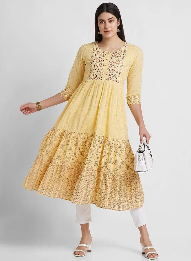 globus Globus Women Yellow Printed Round Neck Anarkali Kurta