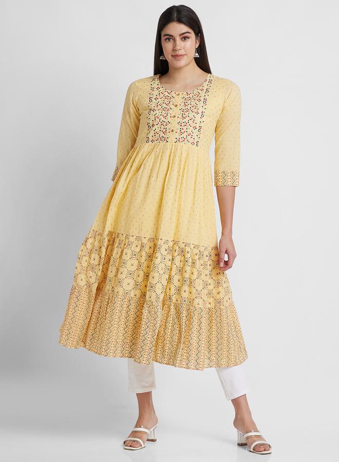 Globus Women Yellow Printed Round Neck Anarkali Kurta - Image 2
