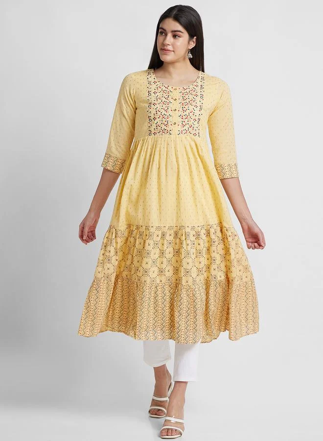 Globus  Globus Women Yellow Printed Round Neck Anarkali Kurta for Women | Best Price UAE