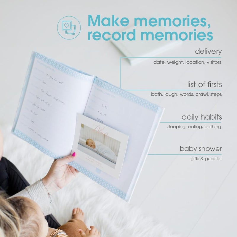 Pearhead Baby Memory Book, First 5 Years Baby Milestone Book, Pregnancy Journal, Gender Neutral Newborn Keepsake, With Clean-Touch Ink Pad For Baby's Handprint or Footprint, Blue Chevron - Image 4