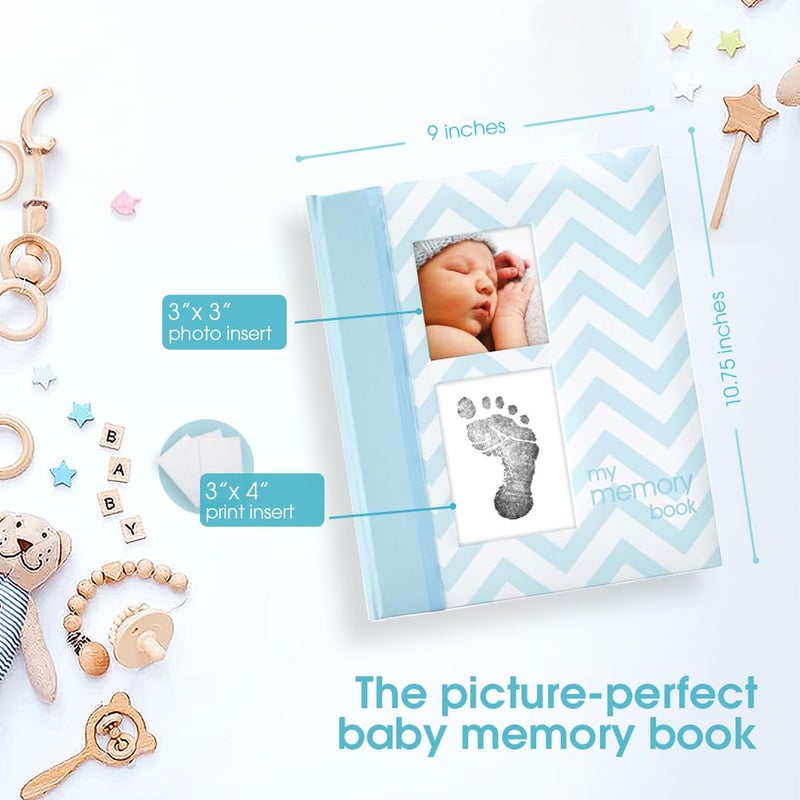Pearhead Baby Memory Book, First 5 Years Baby Milestone Book, Pregnancy Journal, Gender Neutral Newborn Keepsake, With Clean-Touch Ink Pad For Baby's Handprint or Footprint, Blue Chevron - Image 2