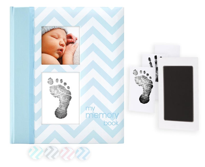 Pearhead Baby Memory Book, First 5 Years Baby Milestone Book, Pregnancy Journal, Gender Neutral Newborn Keepsake, With Clean-Touch Ink Pad For Baby's Handprint or Footprint, Blue Chevron - Image 1