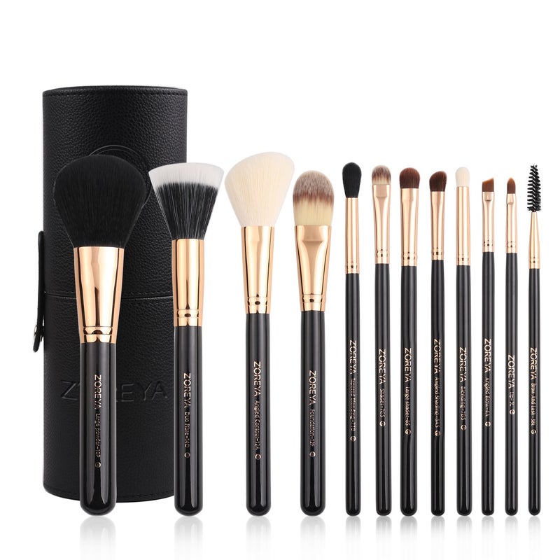 ZOREYA Premium Travel makeup brush set 12 pieces essential Cosmetic tools Synthetic Hair Foundation Powder Eye Cosmetic brushes With Black Holder