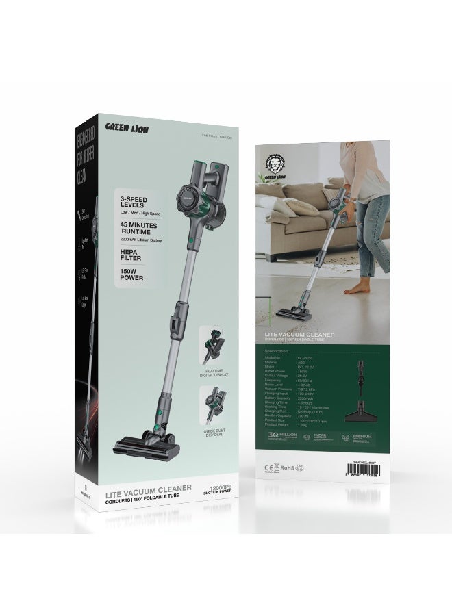 GREEN LION Lite Cordless Vacuum Cleaner with 45min Working Time / HEPA Filter / Low Noise / 3 Speed Level / Real Time Digital Display / 12KPa High Pressure Vacuum / Upholstery Tool / LED Floor Brush - Grey - Image 3