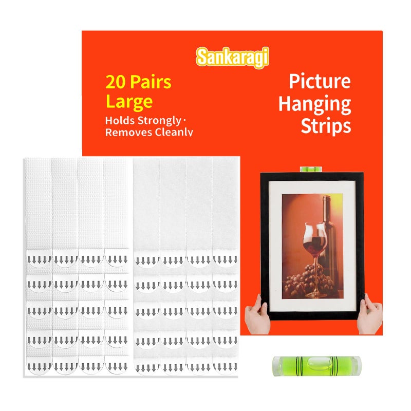 sankaragi 20-Pairs(40Strips) Large Picture Hanging Strips Heavy Duty Picture Hanger Kit Removable Hook And Loop Strips Damage Free Picture Hangers Adhesive Strips Perfect For Wall Art Hanging - Image 1